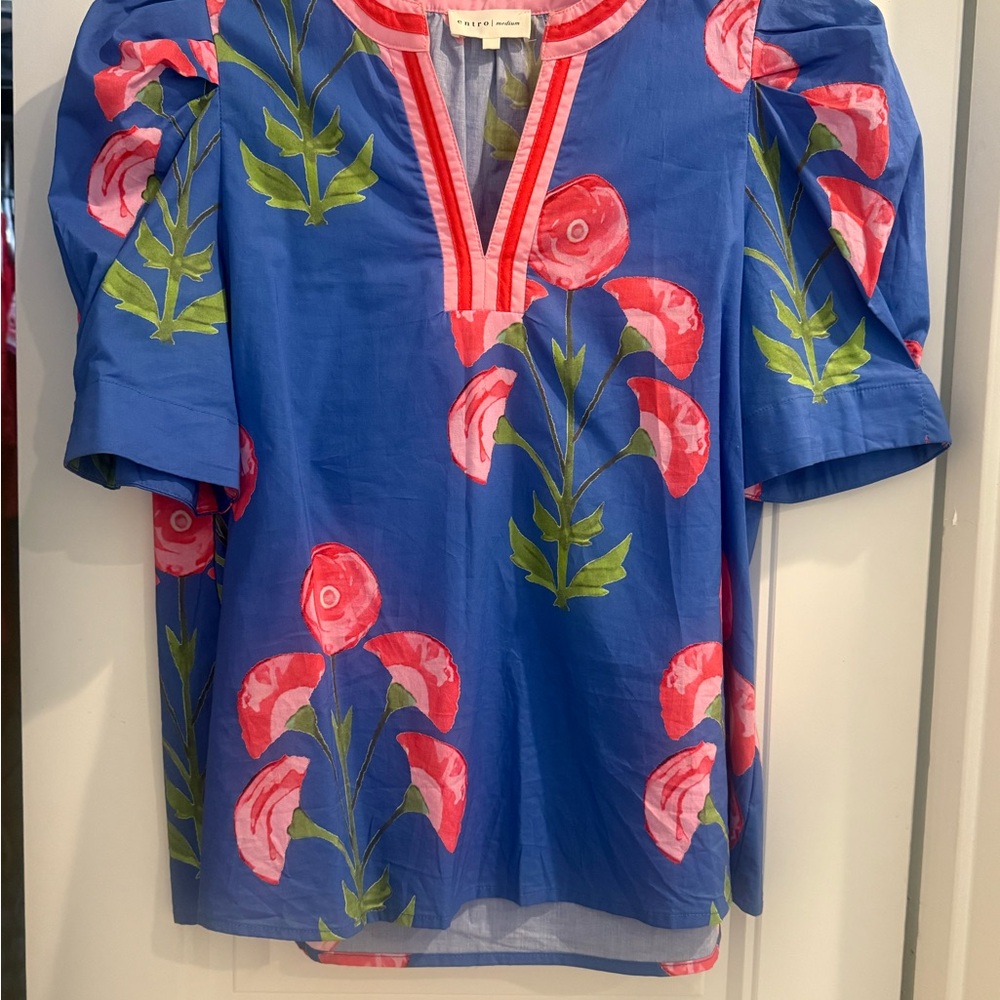 Entro Blue Floral Puff Sleeve Top